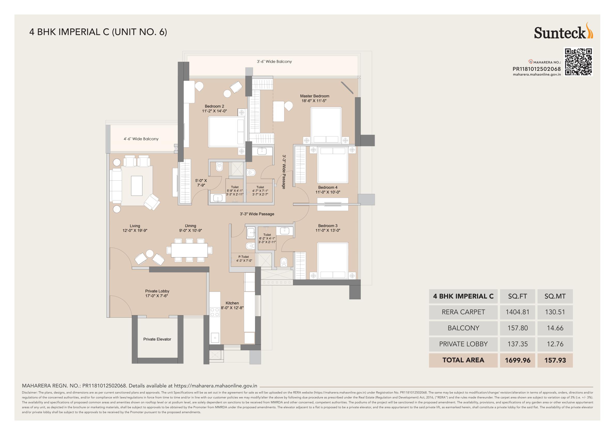 4 BHK Floor Plan - 1700 sq ft